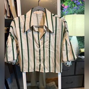 Cropped Ivory Button-Up with Forest Green Stripes